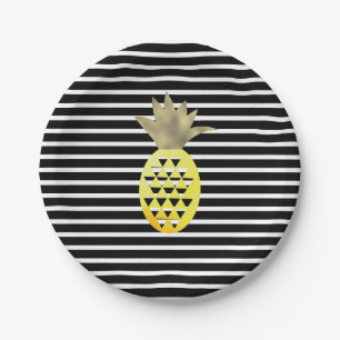 Striped Watercolor Gold Tropical Pineapple Plates