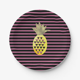 Striped Watercolor Gold Tropical Pineapple Plates