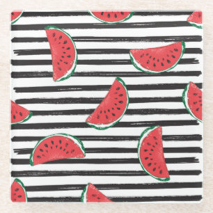 Striped watermelon, vintage seamless pattern. glass coaster