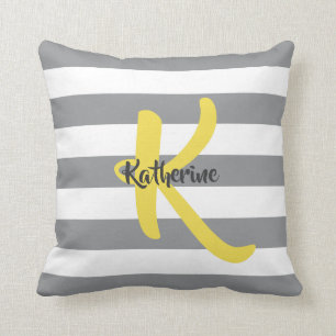 Striped White Grey and Yellow Personalized Throw Pillow