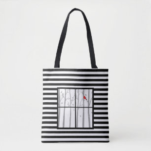 Striped Winter Window Scene Tote Bag