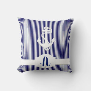 Stripes & Anchor Monogram Custom Throw Pillow