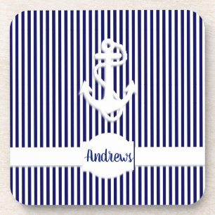 Stripes & Anchor Monogram or Name Custom Coaster