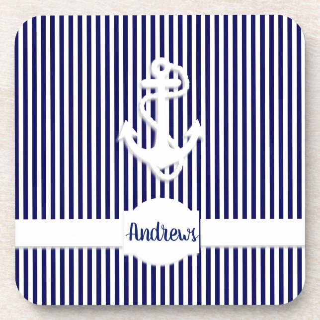 Stripes & Anchor Monogram or Name Custom Coaster (Front)