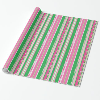 Stripes and Abstract Planets, Rose Pink and Green Wrapping Paper
