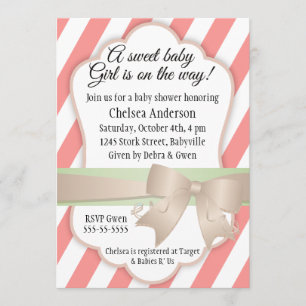 Stripes and Bow Sweet Baby Girl Shower Invitation