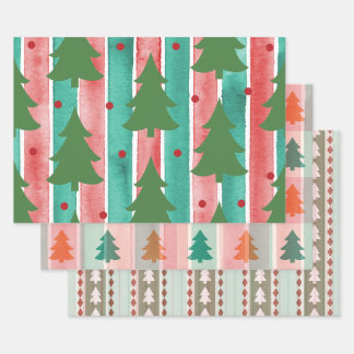 Stripes And Christmas Trees Patterns Wrapping Paper Sheet