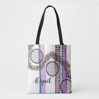 Stripes and circles, pink, abstract art, your name tote bag