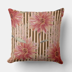 Stripes and Dahlia Flowers Rust, Brown, Coral Throw Pillow