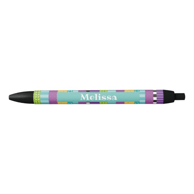 Stripes and Dots Personalized Black Ink Pen (Front)