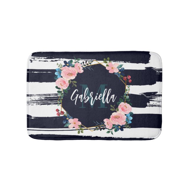 Stripes And Floral Frame Monogram Bath Mat (Front)