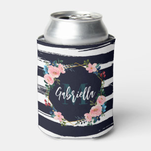 Stripes And Floral Frame Monogram Can Cooler