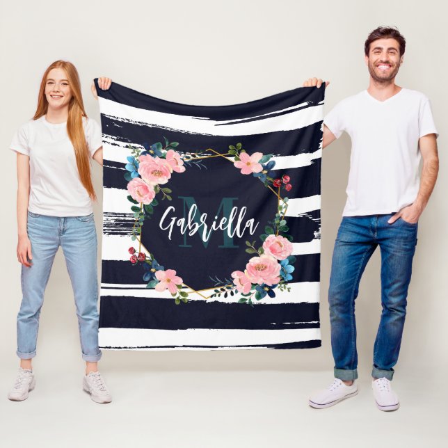 Stripes And Floral Frame Monogram Fleece Blanket (In Situ)