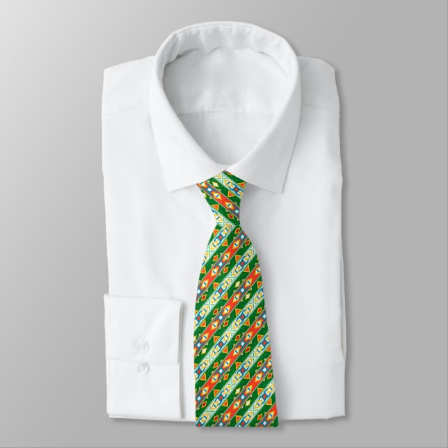 Stripes and geometric shapes green orange white  tie (Tied)