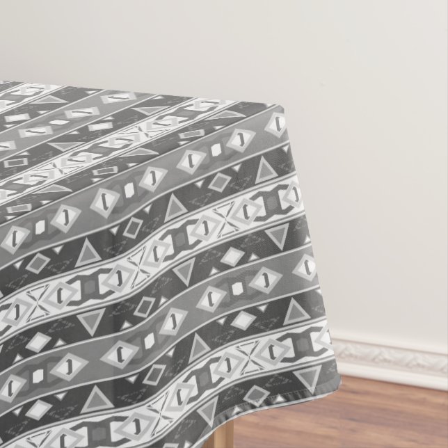 Stripes and geometric shapes grey white tablecloth (In Situ)