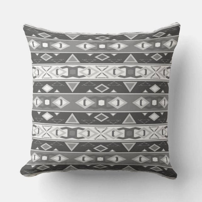 Stripes and geometric shapes grey white throw pillow (Front)