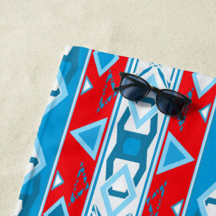 Stripes and geometric shapes of red blue white beach towel