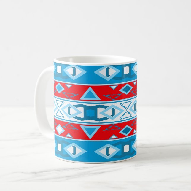 Stripes and geometric shapes of red blue white coffee mug (Front Left)