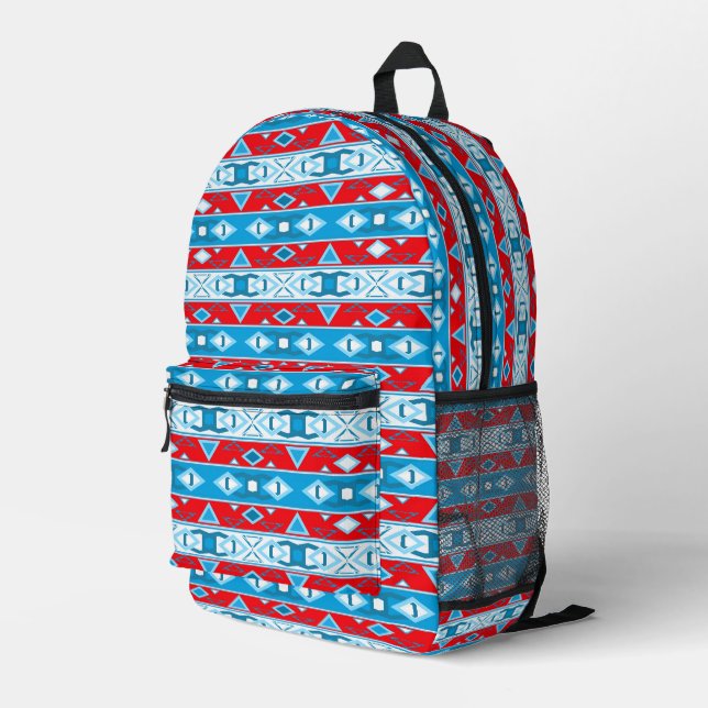 Stripes and geometric shapes of red blue white printed backpack (Back Corner Right)