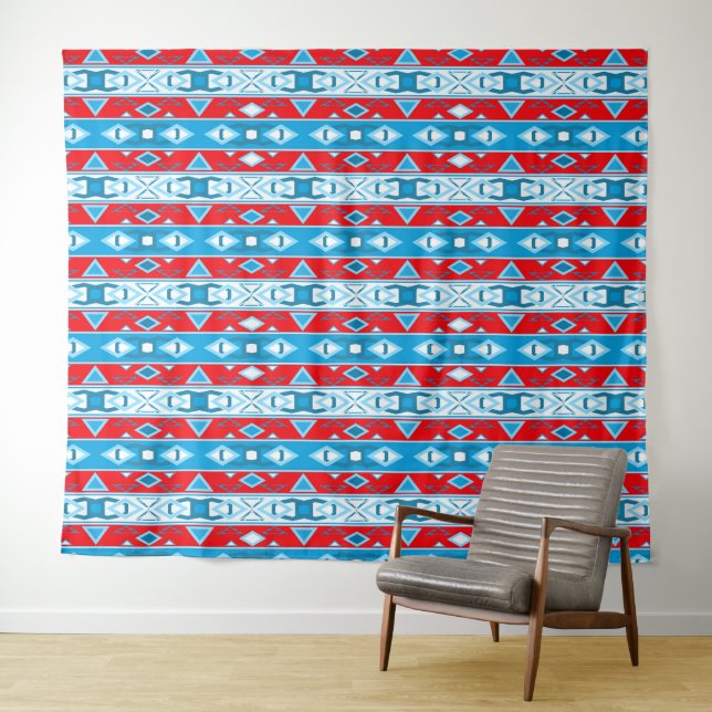 Stripes and geometric shapes of red blue white tapestry (In Situ (Horizontal))