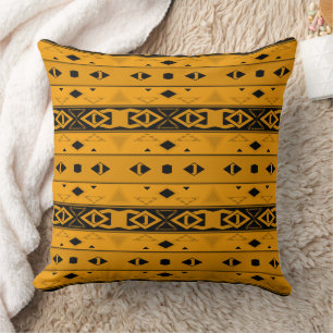 Stripes and geometric shapes yellow black  throw pillow
