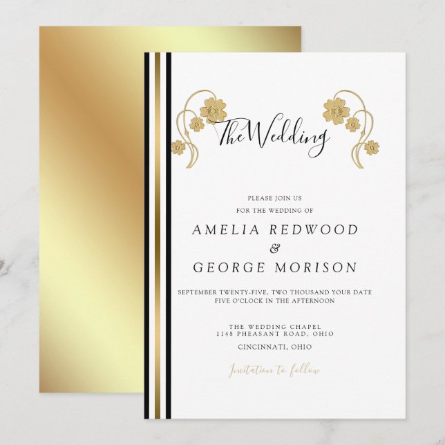 Stripes And Gold Flowers Wedding Invitation (Front/Back)