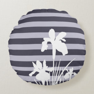 Stripes and Iris Flowers Silhouette  Round Pillow