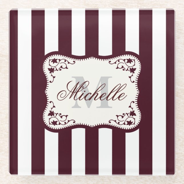 Stripes and Monogram Glass Coaster (Front)