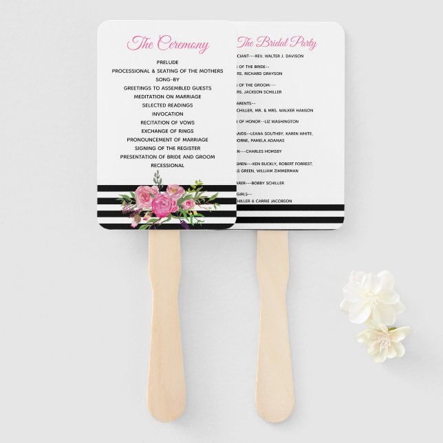 Stripes and Peonies Wedding Program Fan (Front and Back)
