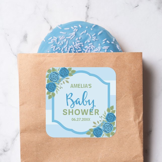 Stripes and Roses Blue Boy Baby Shower Square Sticker (Creator Uploaded)