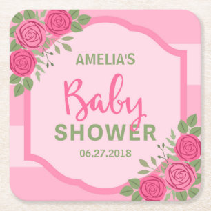 Stripes and Roses Pink Girl Baby Shower Square Paper Coaster