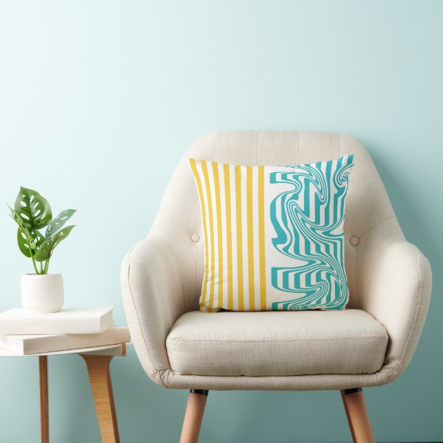 Stripes and Swirls in Turquoise and Yellow Throw Pillow (Chair)