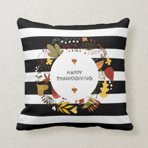 Stripes And Thanksgiving Fall Colours Wreath Throw Pillow