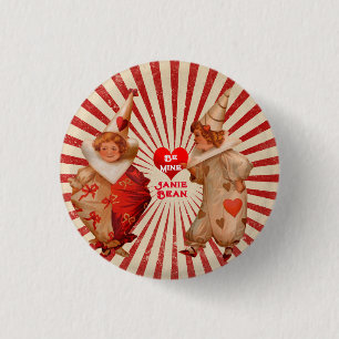 Stripes and Vintage Valentine Clowns with Heart  B 1 Inch Round Button