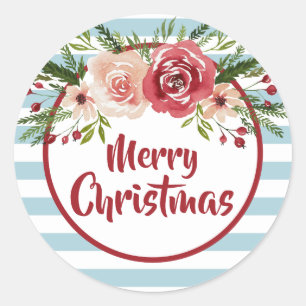 Stripes And Watercolor Floral Merry Christmas Classic Round Sticker