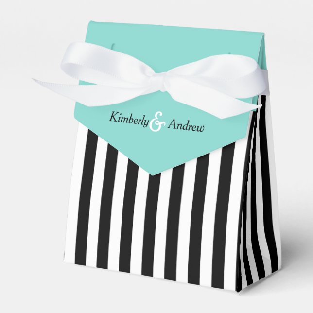 Stripes Black And White Ribbon Blue Wedding Gift Favor Box (Front Side)