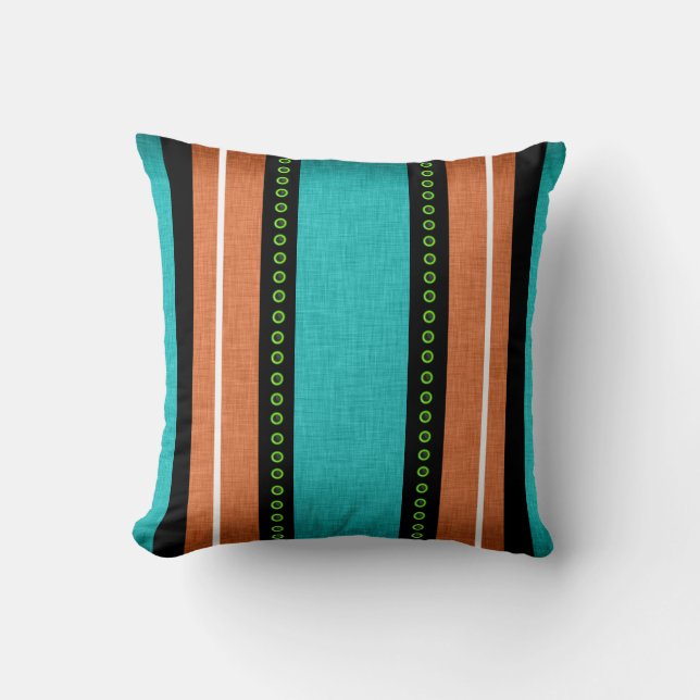 Stripes black aqua orange funky throw pillow (Front)