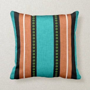 Stripes black aqua orange funky throw pillow