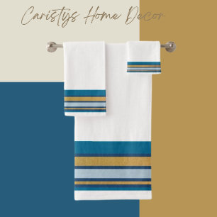Stripes Blue, Grey, Gold on White Bath Towel Set