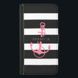 Stripes & Boat Anchor In Black White & Pink Samsung Galaxy S5 Wallet Case<br><div class="desc">Elegant black on white stripes pattern whit pink colour nautical boat anchor illustration. Customizable monogram.</div>