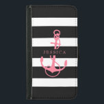 Stripes & Boat Anchor In Black White & Pink Samsung Galaxy S5 Wallet Case<br><div class="desc">Elegant black on white stripes pattern whit pink colour nautical boat anchor illustration. Customizable monogram.</div>