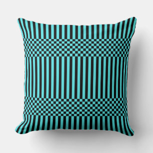 Stripes&Chequered Black and Turquoise Throw Pillow
