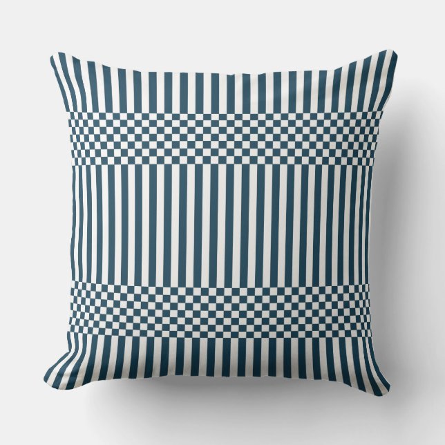 Stripes & Chequered In White and Blue Throw Pillow (Front)
