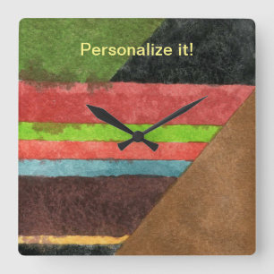 Stripes, chevrons, triangles in green red brown square wall clock