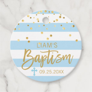 Stripes Cross Pastel BLUE Gold BOY BAPTISM Favour Tags