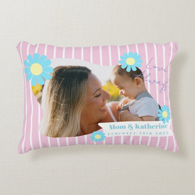 Stripes Daisy Floral Photo Pink Accent Pillow (Front)