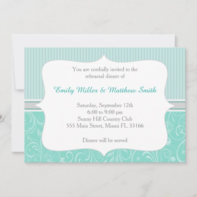 Stripes Damask Turquoise Rehearsal Dinner Invite (Front)