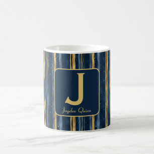 Stripes Dark Blue Gold, Monogram Letter Name 11oz Coffee Mug