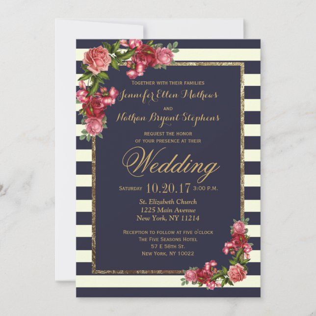Stripes de la Marine rose et invitations de mariag (Devant)
