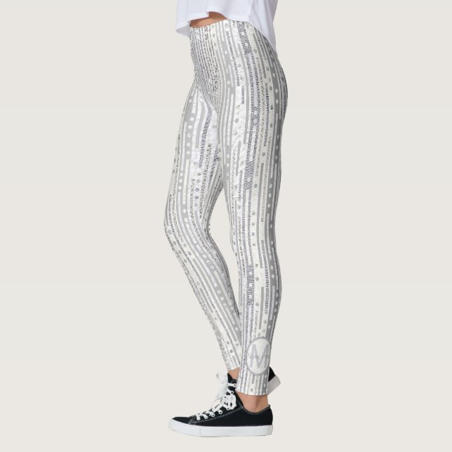 Stripes Dots Silver White Optional Monogram Glam Leggings (Left)